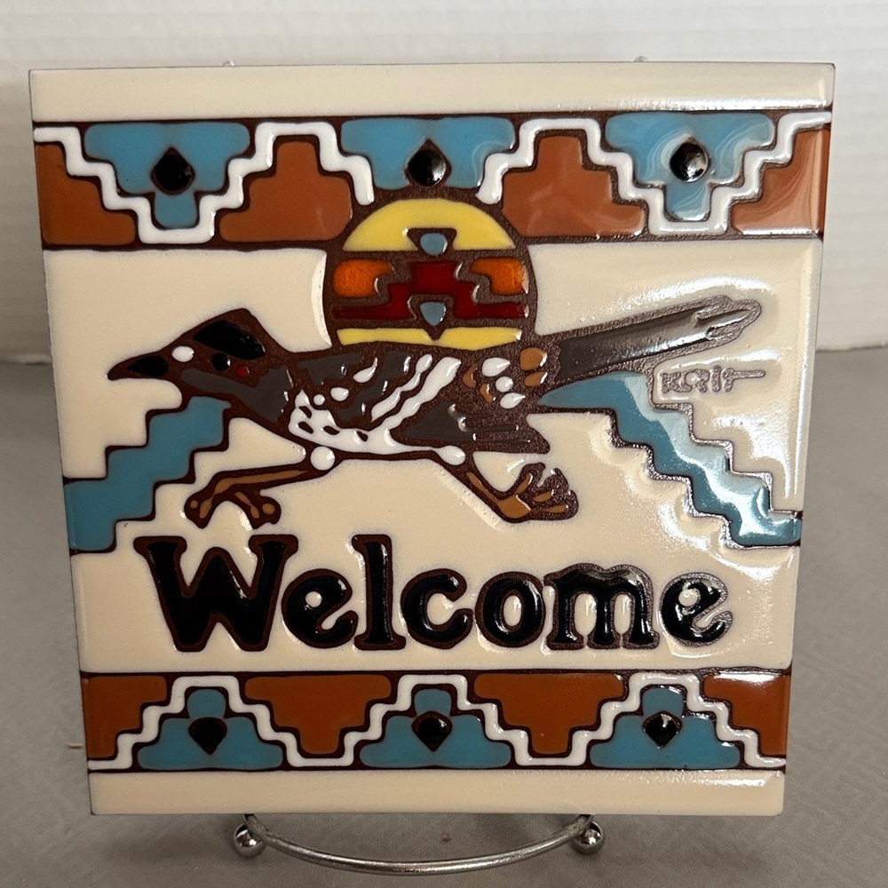 Earthtones Southwestern Welcome Tile Trivet Roadrunner Hand Painted Vintage USA